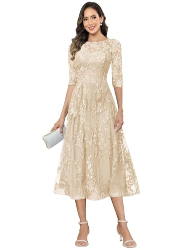 AKLASU Lace Applique Mother of The Bride Dresses 3/4 Sleeve Tea Length Tulle Sequin Mother of Groom Dress Formal Evening Gown Champagne US2