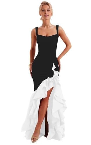 NDMAVOA Women's Spaghetti Straps Prom Dresses Mermaid Ruffle Long Bodycon Flowy Formal Evening Party Gown with Slit Black and White 4