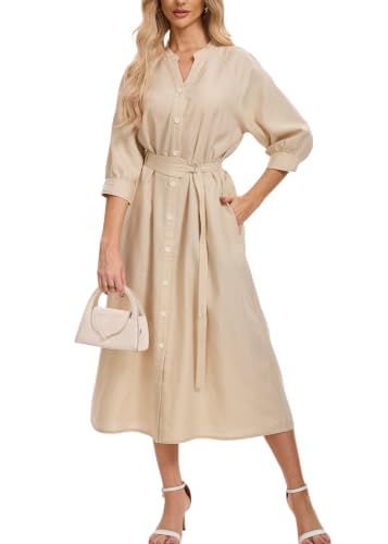 heipeiwa Women's Midi Shirt Dress Mandarin Collar 3/4 Puff Sleeve Dresses