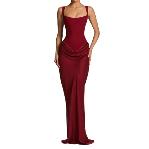ABYOVRT Women Wedding Guest Dress Corset Bodycon Ruched Lace Up Back Maxi Dresses Formal Party (Wine,L)