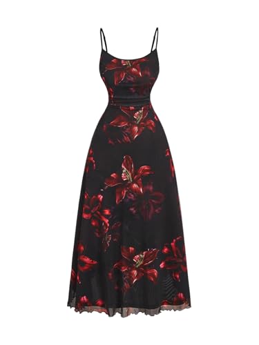 BEAUDRM Women's Plus Size Summer Spring Wedding Guest Dress Floral Boho Maxi Dress Ruffle Beach Vacation Flowy Sundresses Red and Black 3X-Large Plus