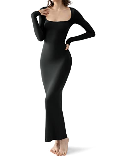 PUMIEY Long Sleeve Dress for Women Maxi Dress Sexy Bodycon Black Dresses for Women Jet Black Medium