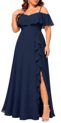 Plus Size Navy Blue Formal Dresses Off Shoulder Chiffon High Slit Ruffle
