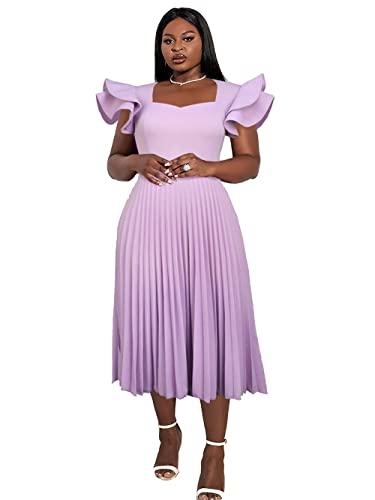 AOMEI Women's Light Purple Square Collar Ruffles Sleeve Pleated Elegant Midi Dress (3XL,3X-Large)