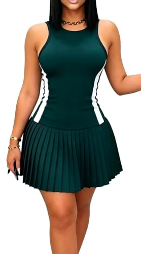 Women's Summer Short Tank Dress Stretch Sleeveless Pleated A-line Casual Athletic Sport Dresses (US, Alpha, XX-Large, Plus, Petite, 5, Green)