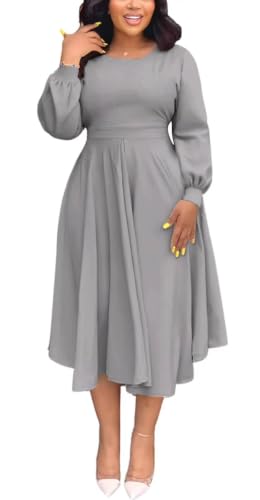 Acatmew Gray A-Line Round Neck Long Sleeve Dress for Women Fall Elegant Church Dress