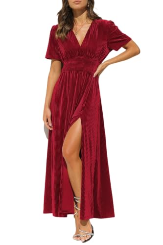Maxigerui Women's Velvet Maxi Dress Fall Formal Wedding Guest Dress Red L