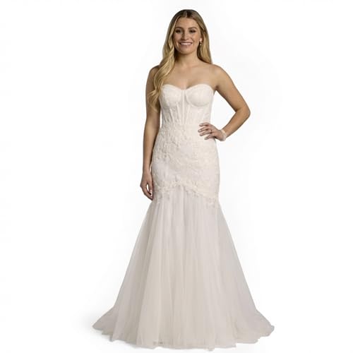 David's Bridal Strapless Beaded Lace Mermaid Wedding Dress, Size 12