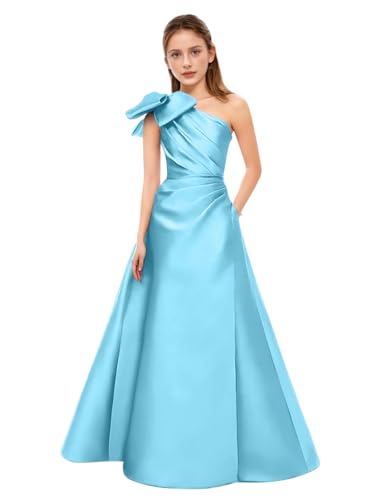 MiwiNovia Satin Prom Dress for Girls Baby Blue One Shoulder Junior Bridesmaid Dresses Pleated Flower Girl Dress with Bow US11