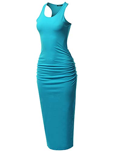 SSOULM Women's Shirring Racerback Maxi Dress - Slim Fit Bodycon Tank Top Aqua M