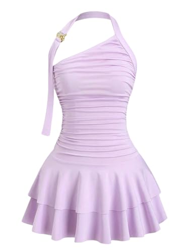 MakeMeChic Women's Y2k Halter Mini Dress Backless Ruffle Going Out Dress