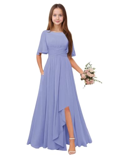 Qgeno Girls Chiffon Jr Bridesmaid Dresses Size 10-12 Flutter Sleeve Lavender A Line Formal Flower Girl Dress Long with Slit