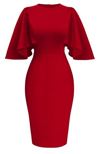 Memoriesea Women's Ruffle Flared Sleeve Formal Pencil Midi Dress Red | Round Neck,Back Zipper,Knee Length,Solid Color,Stretchy Bodycon Dress,Church Cocktail Party Dress,Work Office Pencil Dress