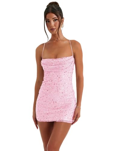 Qgeno Pink Sparkly HOCO Dress Sequin Homecoming Dresses Beaded Tight Cowl Neck Mini Sexy Backless Cocktail Party Gown 2