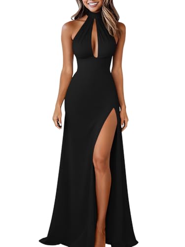 LAGSHIAN Women's Sexy Evening Long Dress Sleeveless Backless High Split Wedding Guest Maxi Dresses Black