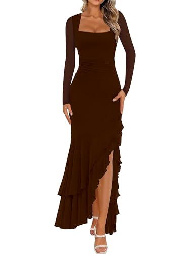 Women's Bodycon Fall Wedding Guest Long Sleeve Maxi Dress,L,Coffee | Mermaid Ruffle, Square Neck, Ruched Mesh,Winter, Elegant, Cocktail Formal Long Dresses