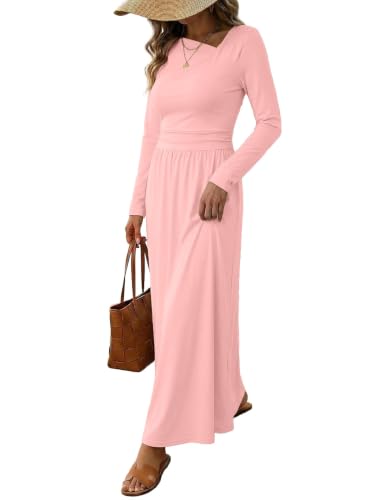 Dokotoo Dresses for Women Long Sleeve Asymmetrical Neck Dress, Pink, Medium | Ruched, Empire Waist, A-Line Hem, Solid Color, Maxi, Side Pockets, Elegant, Daily Casual, Fashion Clothing, 2026 Fall Clothes