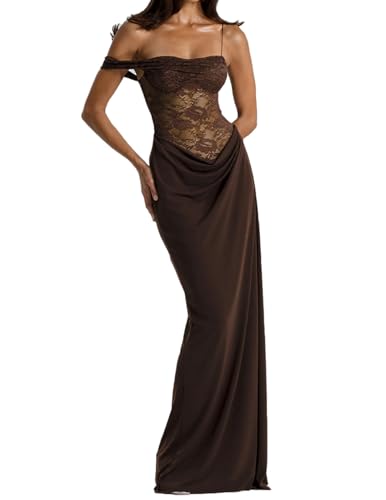 HUXRAKV Womens Sexy Sheer Off Shoulder Bodycon Maxi Dress Lace Panel Split Cocktail Evening Wedding Guest Long Dresses,49-Brown,M