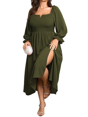 SCOMCHIC Womens Plus Size Maxi Dress Long Sleeve Square Neck Smocked Dress