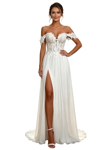 Courthouse Wedding Dress for Bride 2026 Long Boho Summer Aline Casual Flowy Off Shoulder Bride Dress with Slit White Size 4