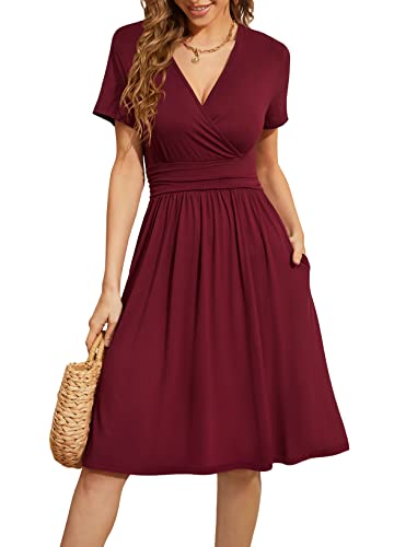WEACZZY Womens Summer Dress Wrap V-Neck Party Dress Knee Length Casual Dresses for Women,Wine Red,XXL