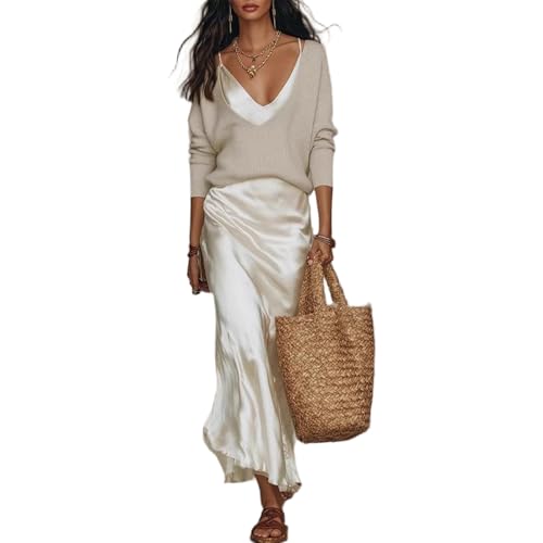 Womens 2 Piece Sweater Dress Set V Neck Long Sleeve Knit Top and Sleeveless Satin Slip Dress Chic Matching Outfit