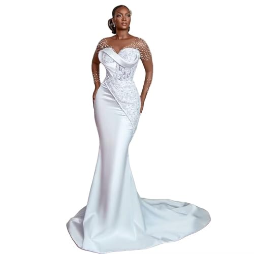 YiMinpwp Wedding Dresses for Africa Sheer Neck Bride Long Sleeve Satin Bridal Gowns White a
