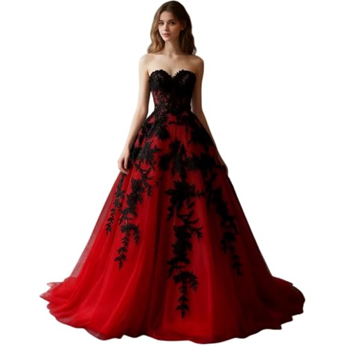 Dydsz Strapless Black Appliques Evening Gown for Women Formal Dress Red 8
