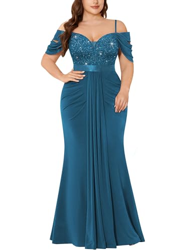 MISSMAY Plus Size Formal Bridesmaid Off Shoulder Mermaid Gala Dresses | Wedding Guest,Evening Gowns,Prom Dress,for Women,Ruched Maxi Dress,Draped Sashes,Sleeveless,V Neck,Elegant Sequin Lace