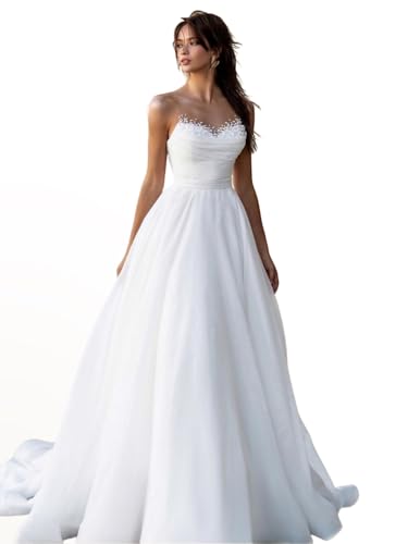 Zymhae Organza A Line Long Wedding Dresses Strapless White Lace Up Sweetheart Neck Sleeveless Floor Length Bridal Dress for Women 2025 US10