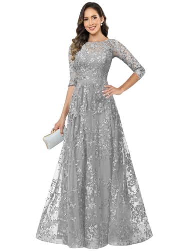Djkvmd Silver Mother If The Bride Dresses Long for Women A Line Scoop Sequin Lace 3/4 Mother Dress Size12
