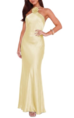 Bymorel Satin Halter Maxi Dresses for Women Formal Wedding Guest Midi Dress