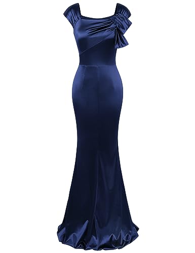 MUXXN Women's Vintage Dress 1950s Maxi Cap Sleeve Square Neck Slim Fit Long Gowns and Evening Dresses Navy Blue S