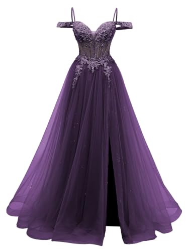 Puffy Purple Prom Dress Tulle Lace Beaded Corset Off Shoulder Formal Gowns