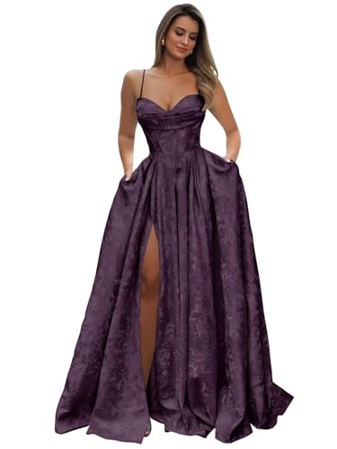 Spaghetti Straps Embroiderd Satin Prom Dresses 2026 for Teens with Pockets