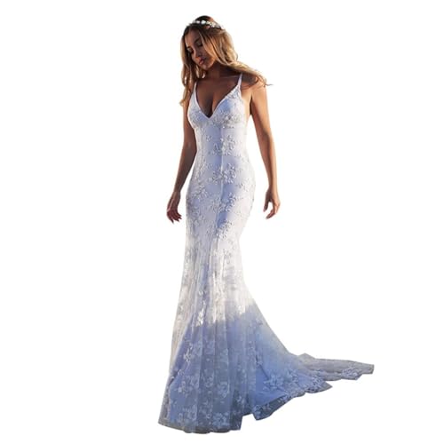 White Lace Mermaid Wedding Dresses for Bride 2026 Spaghetti Straps Long Bridal Evening Party Gowns for Women YHW100 P-White 10