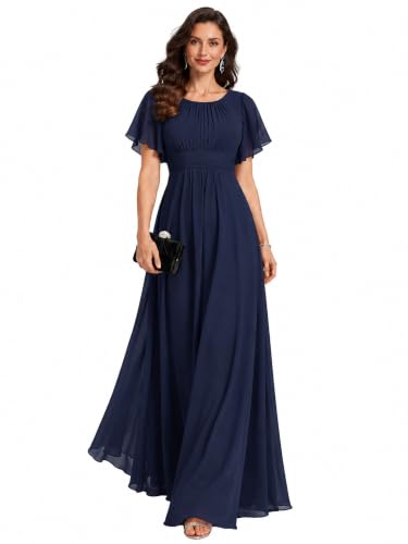 Ever-Pretty Women's Chiffon Formal Dress Mother of the Bride Dresses | Round Neck, Short Sleeve, Empire Waist, Floor Length, Formal Dresses for Women, Navy Blue US22