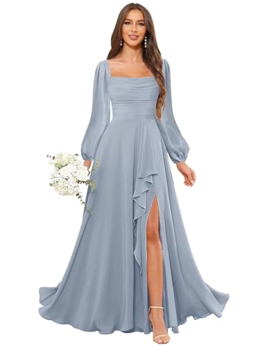 Lcjfai Long Sleeves Bridesmaid Dresses for Wedding Corset Dusty Blue US8