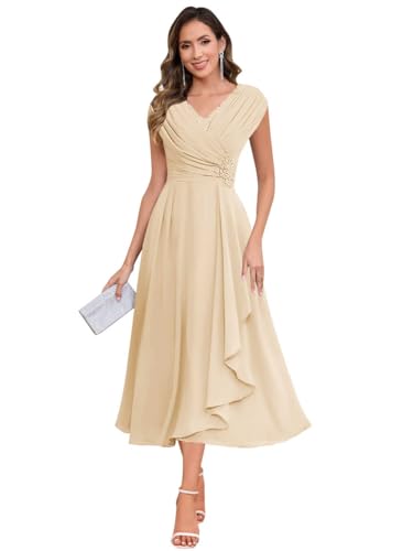 Djkvmd Elegant Tea Length Mother of The Bride Dresses for Wedding Petite Cap Sleeve Evening Gown Champagne Size6