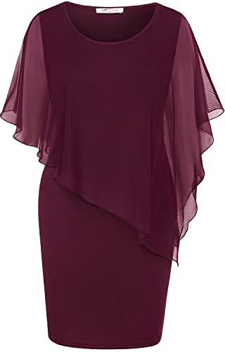 SeSe Code Dresses for Weddings as a Guest, 2026 Summer Mesh Cape Overlay Bodycon Knee Length Party Cocktail Formal Pencil Dress Wine Red M