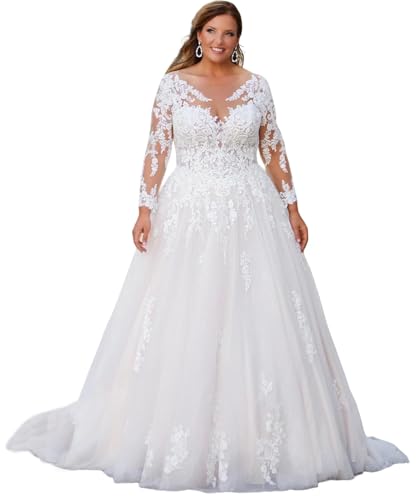 Long Sleeve Plus Size White Wedding Dresses for Bride V Neck Lace Appliques Beach Boho Bridal Dress Wedding Gowns for Women Tulle A Line Ball Gown Wedding Dress