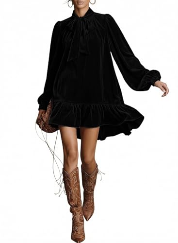 Dokotoo Black Velvet Dress for Women 2026 Long Sleeve Fall Clothes M | Babydoll Mini Dress with Pockets, Wedding Guest, Cocktail Party, Club, Date Ruffle Hem Loose Elegant Semi Formal Fall Clothes