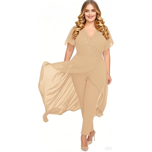 Plus Size Mother of Bride Pantsuit Cocktail Pant Suits for Women Dressy Evening Prom Wedding Champagne
