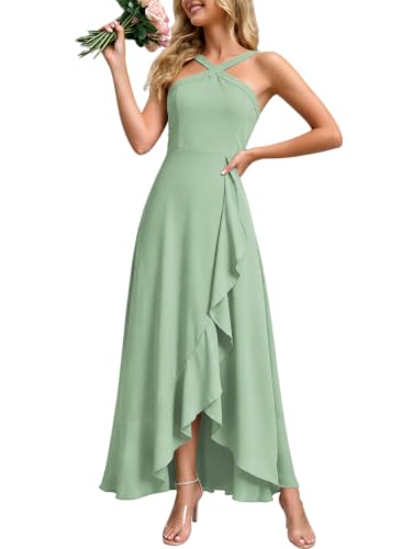 Euvovito Bridesmaid Dresses Halter Long Formal Cocktail Dress Sage Green | Halter bridesmaid dress with an A-line silhouette,Ideal for wedding guest,evening party receptions and formal celebration.
