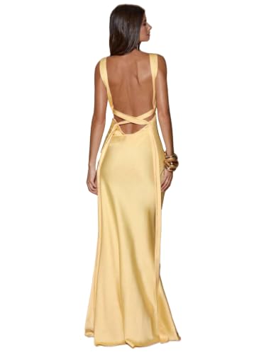 Women's Satin Deep V-Neck Maxi Dress Backless Silk Dresses Wedding Guest