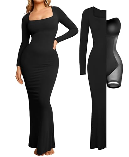 Popilush Long Sleeve Formal Wedding Guest Shapewear Maxi Dress Black XL | Light Tummy Control, Square Neck, Floor Length, Removable Cups, Wedding Guest Evening Bodycon Dress