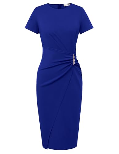 GRACE KARIN Work Dresses for Women 2026 Short Sleeve Sheath Business Dress Ruched Bodycon Office Cocktail Dress Royal Blue L