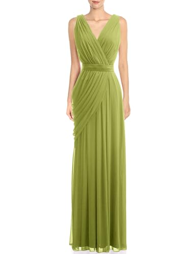 LIPOSA Chiffon Gala Dresses for Women V Neck A Line Pleated Maxi Sleeveless Wedding Guest Gowns(Clover,US12)