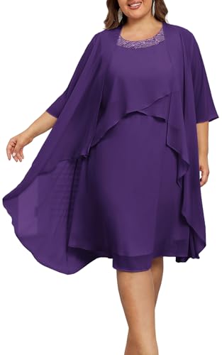 Hanna Nikole Women's Plus Size 2 Pieces Mother of The Bride Dresses with Jacket Ruffles Chiffon Short Formal Cocktail Dress Purple 18 Plus