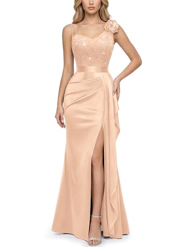 Miusol Women's Elegant V-Neck Ruched Sequin Split Wedding Guest Long Dress